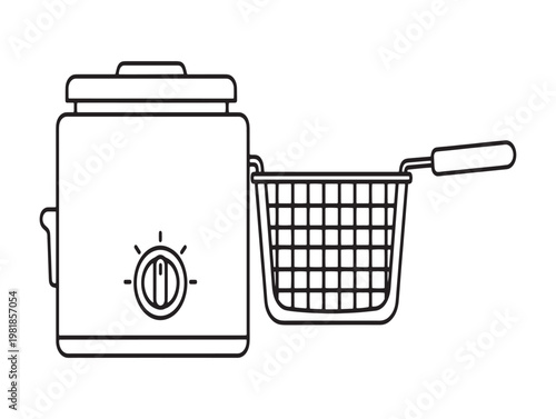 Line art illustration of a vintage deep fryer with a basket kitchen appliance