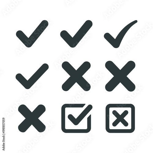 Vector set of black check mark and cross symbols, tick and x icons for voting, checklist, and success or failure concept.