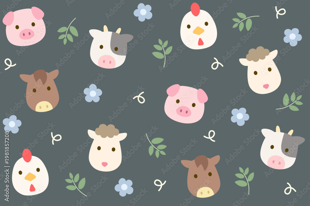 Fototapeta premium Farm animals seamless pattern. Cute faces of chicken, horse, cow, pig, sheep with leaves and flowers on dark grey background. Cozy farm style. Seamless vector pattern.