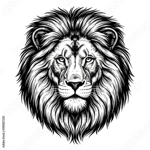 A detailed black and white illustration of a lion's head with a majestic mane