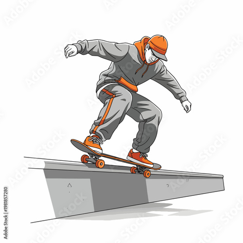 An illustrated skateboarder in a gray and orange outfit performs a trick on a skate ramp against a clean white background.
