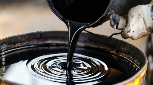 Pouring hot tar into a metallic container at a construction site