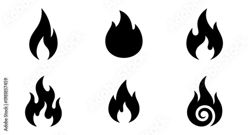 Black fire flame icons set, 6 minimalist bonfire silhouettes, flat vector flame symbols for logo design and warning signs, isolated heat elements