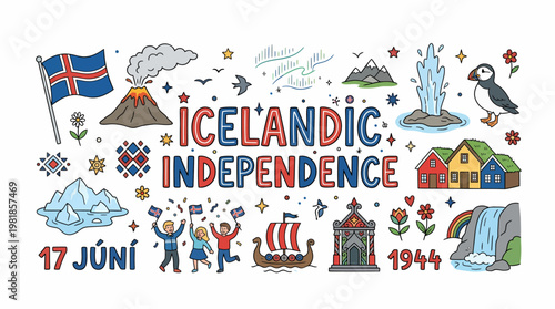 Icelandic Independence Day Doodle Art: Flag, Volcano, Puffin & Viking Ship