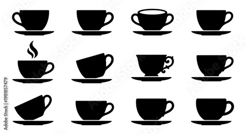 Black coffee cup silhouettes, set of 12 tea cup and saucer icons, minimalist ceramic mug vector collection for cafe menu and kitchen branding
