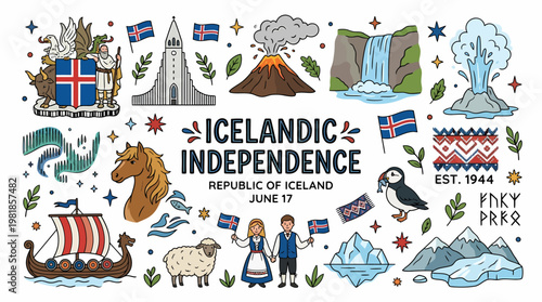 Icelandic Independence Day Icons - Vector Illustration