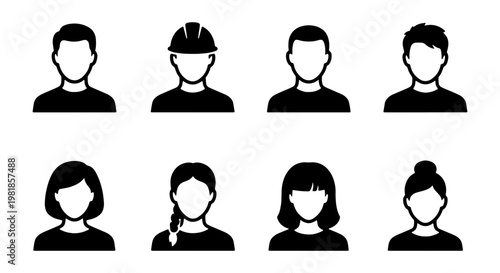 Minimalist user avatar icon set, 8 black silhouette profile vectors of men and women, professional people headshots for web interface and social media
