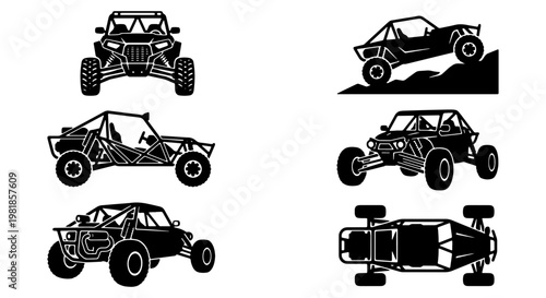 Off-road buggy silhouette collection, 6 extreme UTV and sand rail vector icons, black utility task vehicle set for desert racing and adventure sports
