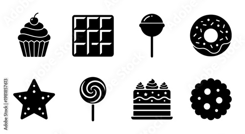 Sweet dessert icons set, black silhouette candy and bakery symbols, 8 flat vector elements for confectionery menu and food apps