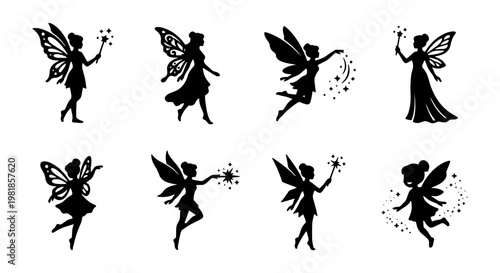 Magical fairy silhouette collection, 8 black mythical pixie vector elements, flying garden fairies with magic wands and butterfly wings for fantasy design
