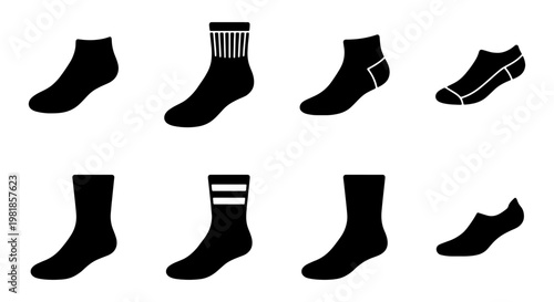 Minimalist black sock icon set, 8 vector garment silhouettes, athletic and casual hosiery collection for apparel retail and laundry apps