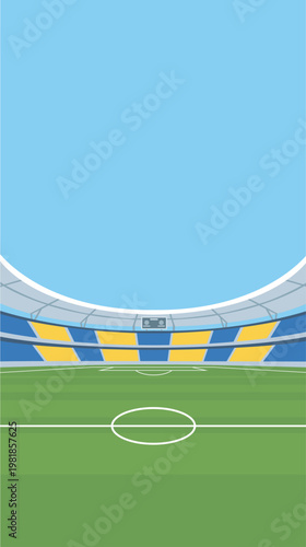 Football stadium background with soccer field and empty grandstand