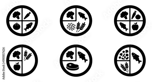 Healthy food plate icons set, balanced diet nutrition infographics, black and white meal portion vector symbols for weight loss and wellness