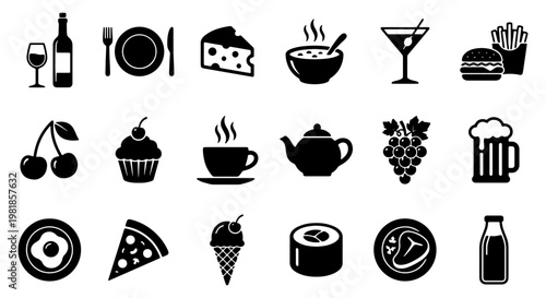 Restaurant food and drink icons set, 18 black vector symbols for cafe menus, dining and beverage pictograms for signage and web design