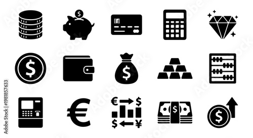 Minimalist finance icon set with 15 black vector elements, banking and currency symbols for business apps, money and investment flat icons