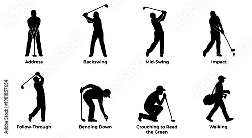 Golf player silhouette set, 8 black golfer icons showing swing stages and poses, professional golf instruction vector elements for sports design