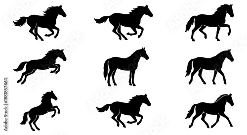 Black horse silhouette collection, set of 9 equine vector icons in motion, galloping and jumping stallion silhouettes, wild mustang animal graphics