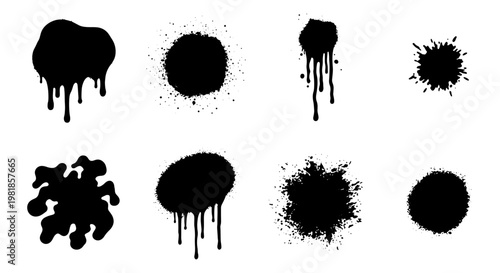 Black paint drip splatters and ink spray set, 8 grunge vector elements, dripping liquid stains and messy graffiti blotches for urban design