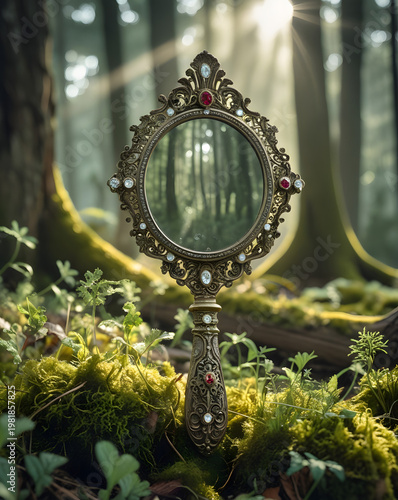 Antique Style Golden Hand Mirror with Decorative Jewels Elegant Retro Design