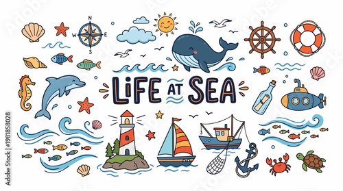 Life at Sea Doodle Collection: Ocean Wildlife, Ships, and Nautical Elements