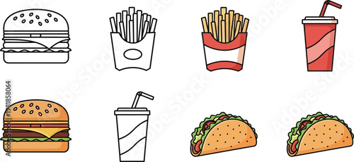 Assorted fast food items illustrated in a simple and colorful style Vector