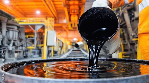 Pouring bitumen into a metallic barrel at an industrial plant 