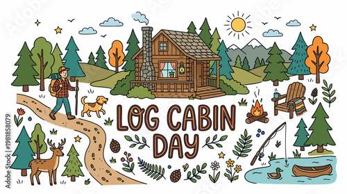 Log Cabin Day Vacation: Man, Dog, Nature, Fishing, Campfire