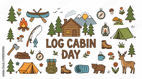 Log Cabin Day Illustration: Camping, Nature, Outdoors, Adventure