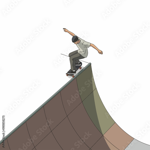 A young man performs a skateboarding trick on a ramp with a colorful design against a plain white background.
