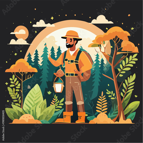 Forest Ranger Protecting Endangered Species In A Stylized Nature Illustration At Night