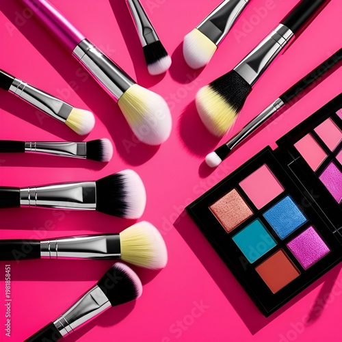 Pink Makeup Flat Lay with Brushes and Eyeshadow Palette Modern Beauty Background