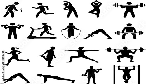Silhouettes of people performing various gym exercises and fitness activities on white background isolated on transparent background, isolated on white background, Vector, illustration