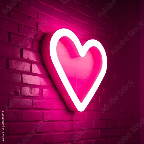 Glowing Neon Pink Heart Sign on Brick Wall Romantic Urban Background Design
