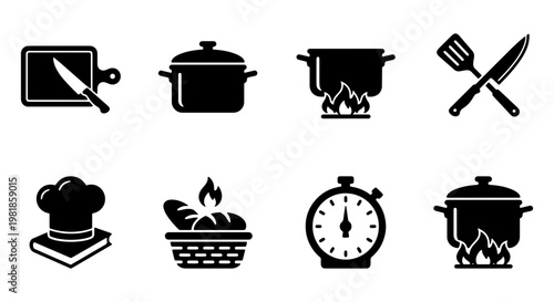 Kitchen cooking icon set with 8 black vector elements, culinary equipment and chef tools, restaurant food preparation symbols for menu design
