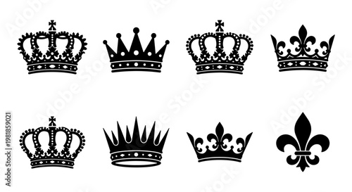 Royal crown silhouettes set, black heraldic king and queen headwear icons, vintage imperial coronet collection, 8 vector elements for luxury branding