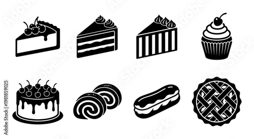 Black cake icons set, bakery dessert vector illustrations, sweet pastry and cupcake silhouettes, 8 bakery elements for cafe menu and food branding
