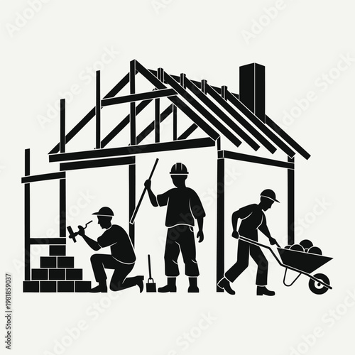 Construction workers building a house with bricks, wheelbarrow and roof structure home