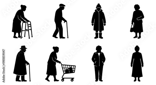 Elderly people silhouettes set, 8 senior citizens icons in black and white, retired men and women with walking cane and shopping cart vector