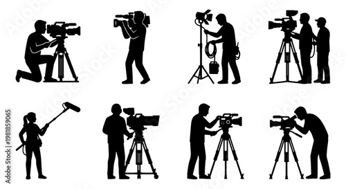 Professional film crew silhouettes, 8 vector icons of camera operators and videographers, movie production staff with equipment and boom mic