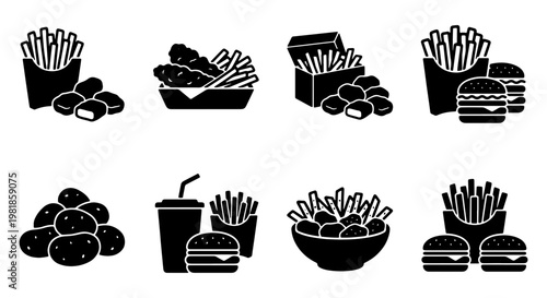 Fast food icon set with burgers and french fries, black silhouette junk food vector collection, takeaway meal elements for restaurant menu design