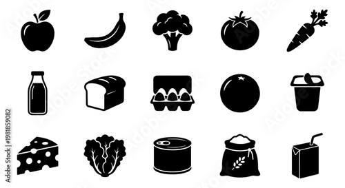 Minimalist grocery food icons set, 15 black solid vector symbols of fresh produce and dairy, healthy supermarket shopping elements for web design
