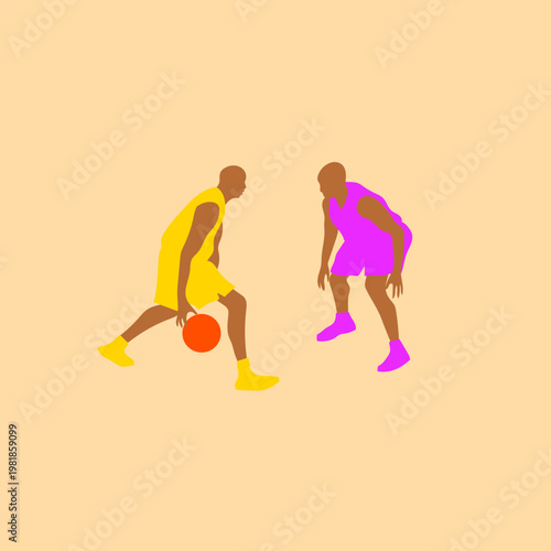 One-on-one basketball faceoff vector illustration design. Basketball player dribbling the ball, trying to pass the opponent graphic illustration art