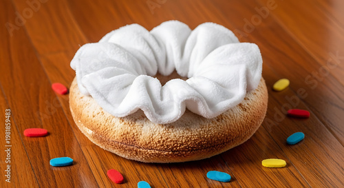 Creative surreal food art concept featuring a toasted donut topped with a soft white fabric scrunchie and surrounded by colorful medical pills on a wooden surface for conceptual wellness themes today.