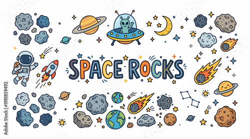 Space Rocks Cartoon: Astronaut, UFO, Planets, Stars, Comets