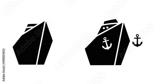 Black Silhouette Cruise Ship and Anchor Icons with White Background