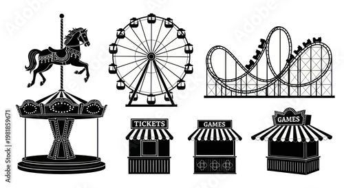 Amusement Park Icons: Carousel, Ferris Wheel, Roller Coaster, Ticket & Game Booths