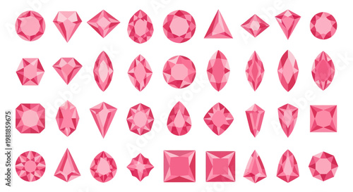Collection of pink gemstones in various cuts and shapes, isolated on white background