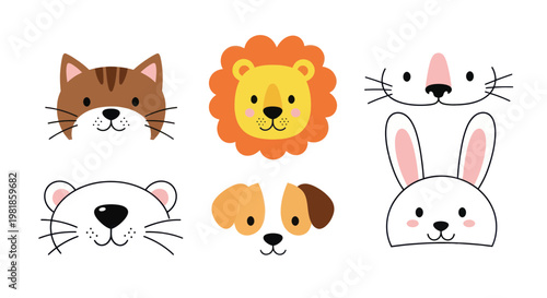 Cute cartoon animal faces: cat, lion, dog, rabbit, bear, ferret