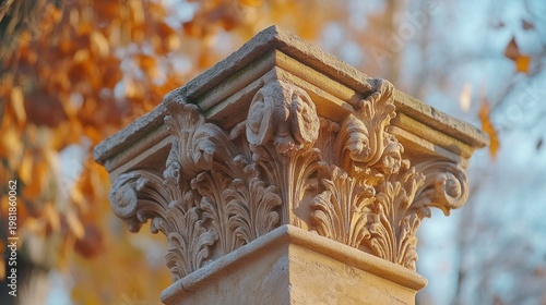 Ornate stone column capital in autumnal setting