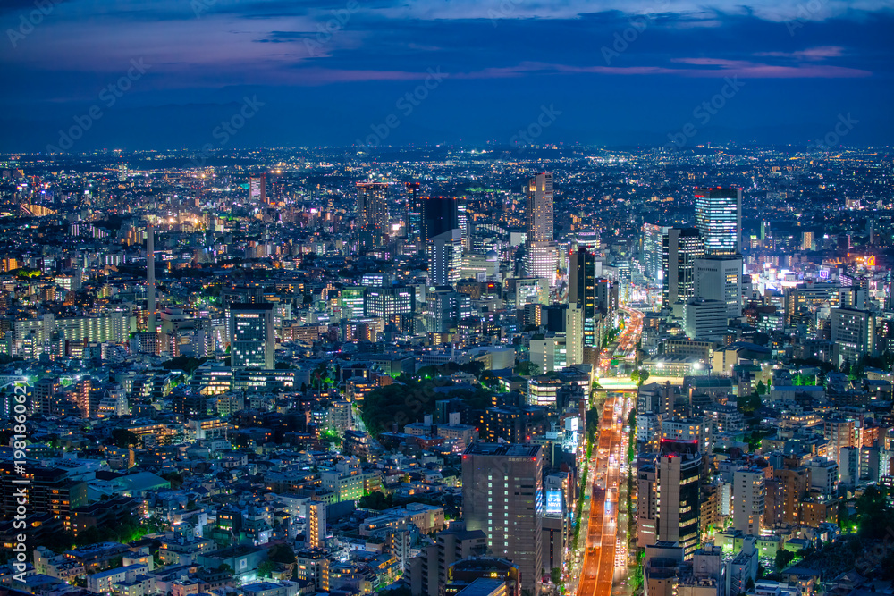 Naklejka premium Aerial view of Tokyo Roppongi district skyline and skyscrapers illuminated at night Japan
